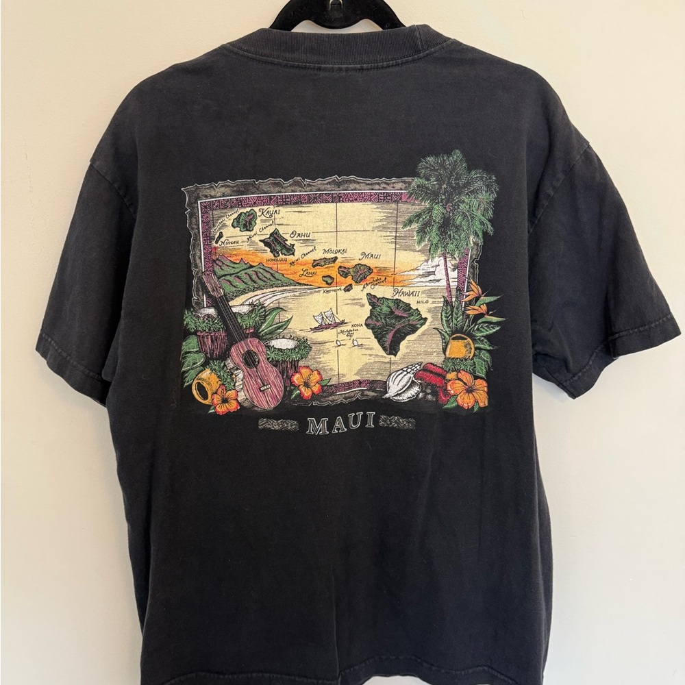 Vintage 90s Maui Hawaii Island Surf Map Ukulele Sun Graphic T Shirt Men’s Large